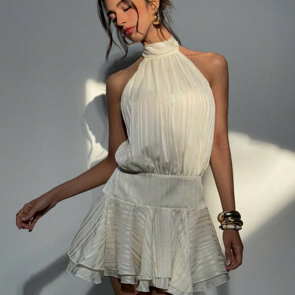 Willow Sexy Women's Sleeveless Satin Striped Textured Halter Mini Dress - Picture 1 of 8